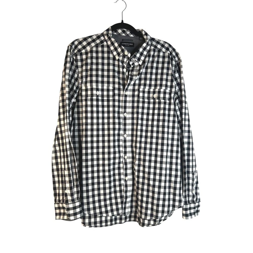 Kenneth Cole Men's Black Gingham‎ Plaid Long Sleeve Button Down Shirt Size Large